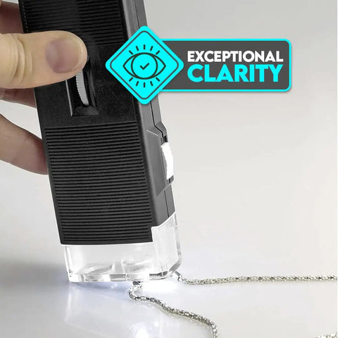 Pocket Microscope With 30x LED Illumination Adjustable Focus Wheel And Built In Flashlight For Sharp Detail Viewing Ideal For Jewelers Collectors Students And Gearheads, black handheld plastic, viewed on chain