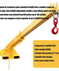 Heavy Duty Workhorse Forklift Jib Boom Crane With 6600 LB Capacity, yellow telescopic crane with hook, mobile hoist for material handling