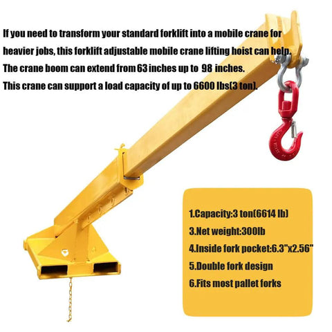 Heavy Duty Workhorse Forklift Jib Boom Crane With 6600 LB Capacity, yellow telescopic crane with hook, mobile hoist for material handling