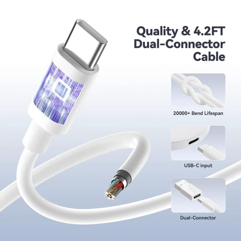 Close-up of 4.2 ft USB-C cable showing dual-connector design for Magnetic Wireless Charger 2 Pack With 15W Fast Charging 4.2 Ft Type C Cable Works With iPhone 12 13 14 15 16 17 Series And AirPods 2 3 Pro Strong Magnetic Alignment No Slip Case Friendly Charging On The Go.