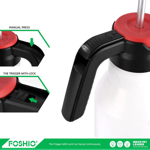 Close-up of trigger and lock mechanism on 0.4 Gallon Garden Pump Sprayer Portable Hand Pump Pressure Sprayer With Adjustable Nozzle And Trigger Lock