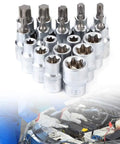 19 Piece 1/2 Inch Drive Star And Hex Socket Bit Kit With E Type Male And Female Wrenches, shown used in auto repair