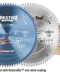 Two saw blades and a wood laminate sample, showcasing fine cutting and trim capabilities for laminate and veneer surfaces.