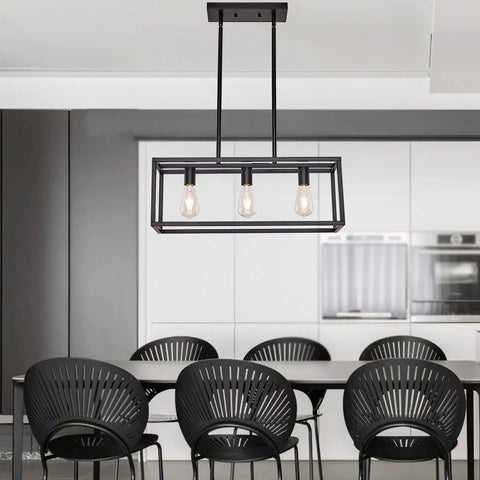 Farmhouse Rectangle Chandelier Pendant Light For Dining Room And Kitchen Island Dope Modern Linear Hanging Light Fixture In Matte Black Industrial 3 Light Pendant With Adjustable Rods For Custom Height above dining table