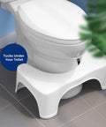 Moonlight 7 Inch Toilet Stool With Motion Activated Night Light for Standard Toilets tucked under white toilet bowl, white