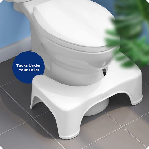 Moonlight 7 Inch Toilet Stool With Motion Activated Night Light for Standard Toilets tucked under white toilet bowl, white