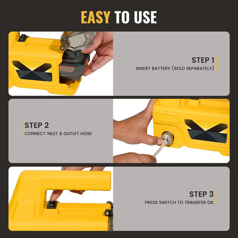 Image showing steps to use Oil Change Pump Extractor For 20V Max Batteries Cordless Transfer Pump 120W 300GPH Self Priming