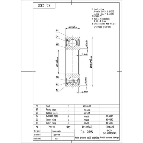 R4-2RS deep groove ball bearing technical drawing, chrome steel, rubber seal, 1/4x5/8x0.196 in.