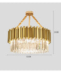 Dope Gold Metal Led Pendant Light With Sparkling K9 Crystals, Easy Hook Up Installation, shown from below with dimensions.