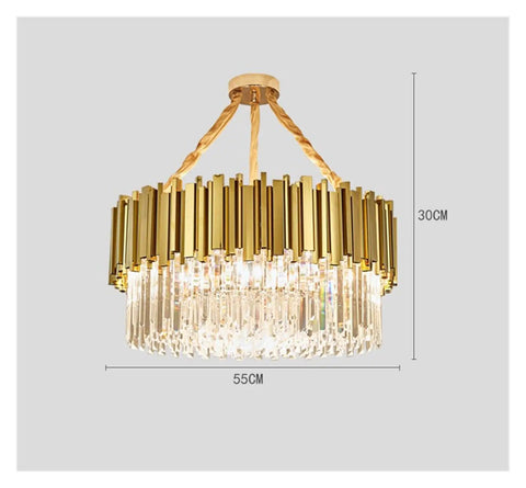 Contemporary Straight Ice Cone Led Pendant Light For Dining Room And Kitchen Featuring Premium K9 Crystal Drops And Sleek Gold Metal Frame With Easy Install Hardware, 55cm diameter, 30cm height.