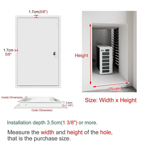 Heavy Duty Aluminum Laundry Chute Access Door For Drywall With Grip Tight Lock White 38X42 dimensions shown with installation guide.