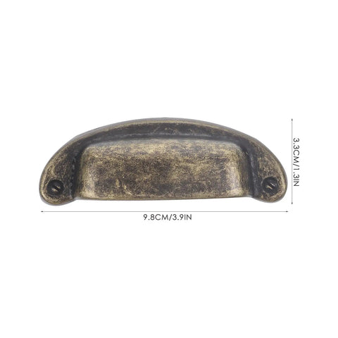 Vintage Metal Shell Cabinet Door Handles Set, Antique Bronze Drawer Pulls For Kitchen Cupboard Wardrobe, European Style Hardware, 4 Pack, Durable Rust Resistant Cabinet Knobs showing dimensions of 9.8cm by 3.3cm.