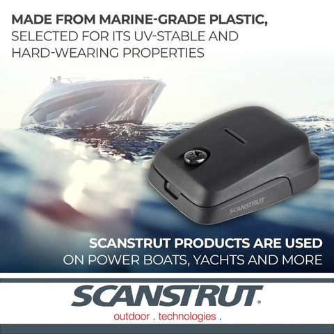 Horizontal Double Cable Seal For Solar Panels Black, Supports Two Cables 5mm And 6mm In Any Combo, Compact 54mm Wide By 63mm Long By 24mm High, shown near a yacht.
