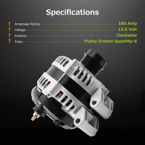 Side view of 11598N High Output Alternator Replacement For Chrysler 300, Dodge Challenger, Charger, Durango, Jeep Grand Cherokee, And Ram 1500 3.6L V6 2011 Through 2021 OE 4801778AF 56029789AA with specifications listed.