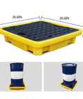 Yellow Nestable Oil Drum Spill Pallet With Leak Proof Tray dimensions and use for safe drum containment.