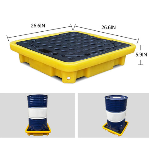 Yellow Nestable Oil Drum Spill Pallet With Leak Proof Tray dimensions and use for safe drum containment.