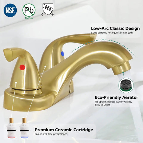 Two-Handle Bathroom Sink Faucet in Brushed Gold with Metal Push and Seal Pop-Up Drain, Included Supply Hose, Lead-Free, cUPC NSF 61 Certified, 3-Hole 4-Inch Centerset, No-Fuss Installation, showcasing premium ceramic cartridge and eco-friendly aerator.