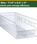Workhorse Heavy Duty Chrome Shelving Rack Features Twenty Five Clear Slanted Storage Bins 18 By 36 By 74 Inch Metal Wire Utility Frame For Garage Tool Stashing And Warehouse Bin Organization Holding Six Hundred Pounds - Clear storage bin 17.9" x 6.6" x 4".