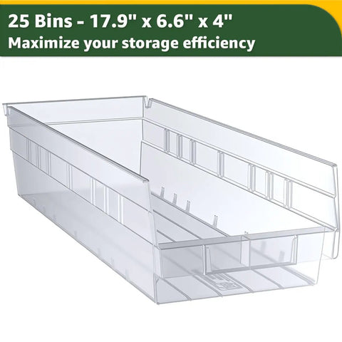 Workhorse Heavy Duty Chrome Shelving Rack Features Twenty Five Clear Slanted Storage Bins 18 By 36 By 74 Inch Metal Wire Utility Frame For Garage Tool Stashing And Warehouse Bin Organization Holding Six Hundred Pounds - Clear storage bin 17.9" x 6.6" x 4".