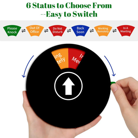 Office Door Sign With Six Status Options Do Not Disturb Please Knock In A Meeting Working Remotely Back Soon Out Of Office Privacy Indicator For Conference Rooms 6 Inch Black Ideal For Meetings And Remote Workspaces shown being adjusted by hand