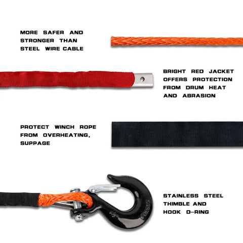 Three Eighths Inch 100 Foot Synthetic Winch Rope 23800 Lb Capacity With Protective Sleeve And Heavy Duty Hook For 4x4 Off Road Jeeps ATVs UTVs And SUVs Orange