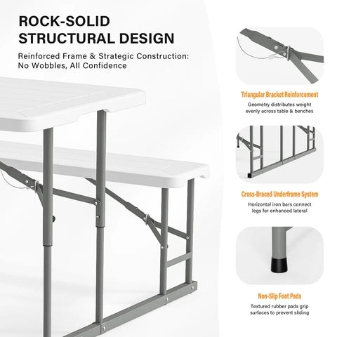 Close-up of folding picnic table and bench set with wood grain plastic top and sturdy metal frame showing rock-solid design features.