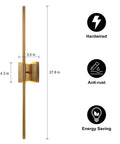 Side view of matte gold wall sconce with measurements 27.8x4.3x3.4 inches, highlighting hardwired, anti-rust, and energy-saving features.
