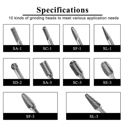10 piece carbide burr set for metalwork with various grinding heads, designed for engraving, deburring, and polishing steel and metal