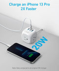 Power Strip With 20W USB C PD 3 Outlets And USB A Ports 10 Ft Extension Cord charging iPhone on desk