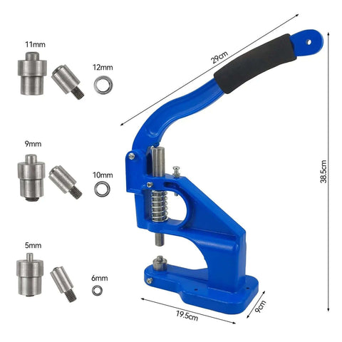 Hand Press Grommet Machine Workhorse With 3000 Grommets And 3 Dies For Signs Posters Scrapbooking And Leather Craft Includes 6mm 10mm And 12mm Grommets Eyelet Punch Tool No Fuss, side view with dimensions and dies
