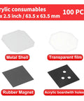 Bulk 100 Sets Square Button Parts For Fridge Magnet Maker Machine Kit with labeled metal shell, film, magnets, and acrylic board