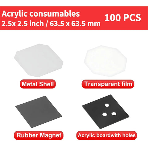 Bulk 100 Sets Square Button Parts For Fridge Magnet Maker Machine Kit with labeled metal shell, film, magnets, and acrylic board