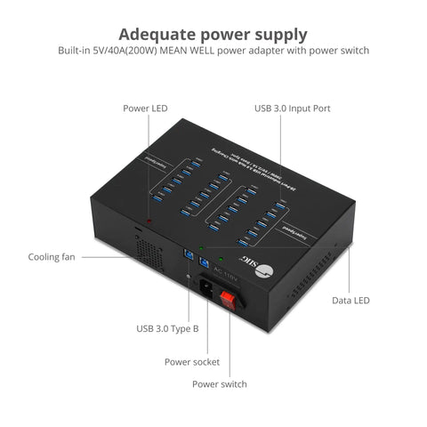 Heavy Duty Industrial USB 3.0 Hub With 20 Ports Delivers Slap 5Gbps Transfer Speeds And Badass 200W Charging Station power input and LED indicators.