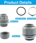 Heavy Duty 2 Pack 1-1/4 Inch NPT Liquid Tight Connectors featuring durable PVC construction, showing main body, washer, and dome nut.