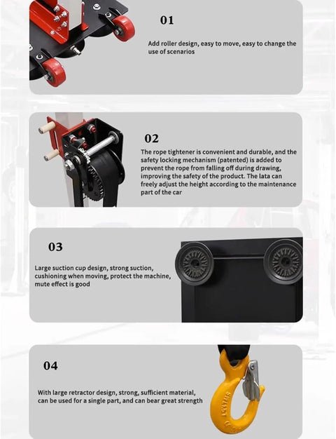 Close-up of Pneumatic Powered Sheet Metal Dent Pulling Tower Kit components, including roller, rope tightener, and suction cup.