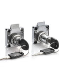 Cam Lock Drawer Lock Set For Cabinets And Wardrobes With 2 Keys Same Key System shown in chrome finish with attached keys