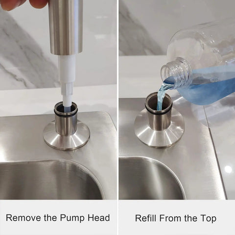 Built In Brushed Nickel Soap Dispenser For Kitchen Sink With 17 Oz PET Bottle And Brass Pump Head Deck Mounted, removal and refill
