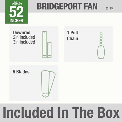 Bridgeport 52 Inch Indoor Outdoor Ceiling Fan With Pull Chain, Damp Rated, White Finish, included parts: downrods, pull chain, blades
