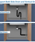 Flex Drain Bathroom Sink Kit With Expandable P Trap And Snappy Stopper No Sweat Anti Clog Stainless Drain Easy Install Universal Fit For One And A Quarter Inch And One And A Half Inch Openings RV Friendly, shown supporting both side and vertical drains in a cabinet setup.