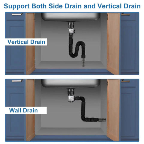 Flex Drain Bathroom Sink Kit With Expandable P Trap And Snappy Stopper No Sweat Anti Clog Stainless Drain Easy Install Universal Fit For One And A Quarter Inch And One And A Half Inch Openings RV Friendly, shown supporting both side and vertical drains in a cabinet setup.
