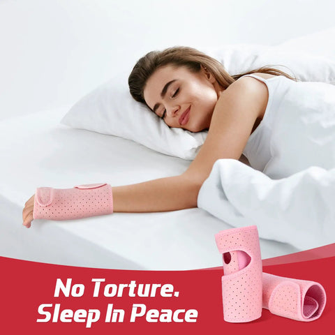 2 Pack Carpal Tunnel Wrist Braces For Night Use, cushioned pink splints on woman's wrists as she sleeps peacefully in bed.