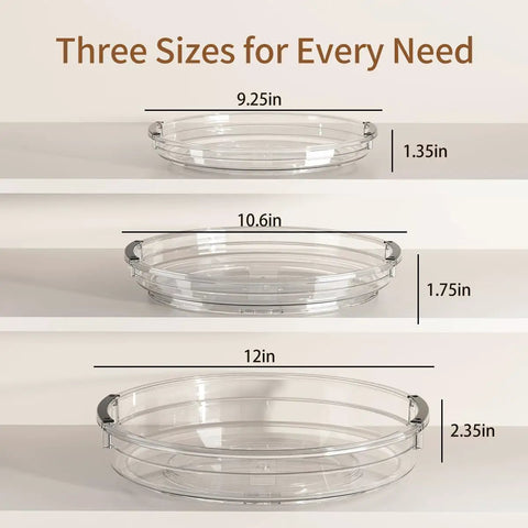 Three Pack Lazy Susan Turntable Organizer For Kitchen Storage Rotating Spice Rack Clear Acrylic sizes 9.25, 10.6, 12 inches