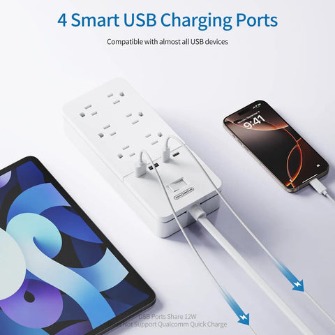 Two Prong To Six Outlet Power Strip With Ten Foot Extension Cord 2100J Surge Protector 1875W Six Outlets And Four USB Ports