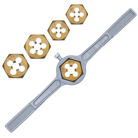 All In One Pro Grade Master Tap And Die Set With Premium Titanium Coating For SAE And Metric Threads From M3 To M16 shown with dies
