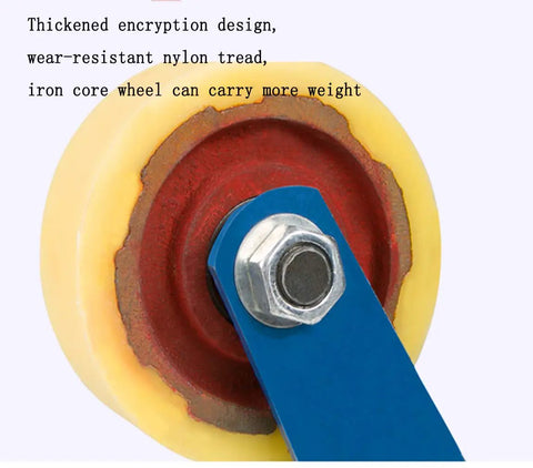 Top Shelf Heavy Duty Swivel Caster Wheels With Locking Brakes Feature Bulletproof Steel Cores And Grippy Nylon Treads with blue metal bracket.
