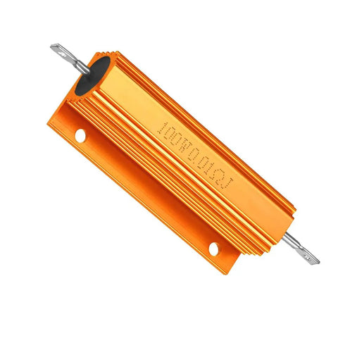 Industrial Grade Wirewound Resistor 100 Watt 0.01 Ohm Screw Mount Aluminum Heat Sink showing orange aluminum casing and mounting holes.