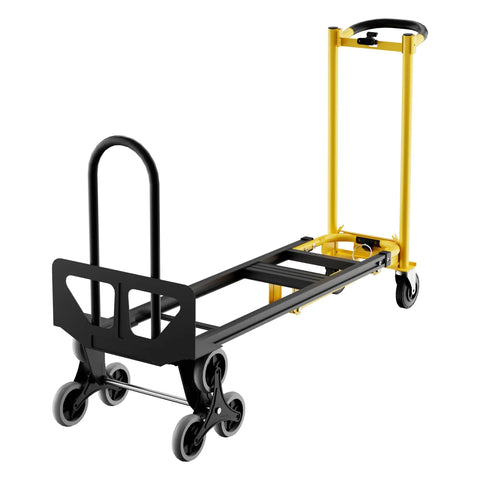 Hella Tough Aluminum Hand Truck And 3 In 1 Convertible Folding Dolly Cart With Stair Climbing Wheels, showing black and yellow design.