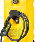 Yellow Duramax 14 Gallon Wheeled Diesel Fuel Transfer Tank With Spout Pump and 10 Foot Hose, suitable for outdoor use