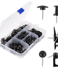 Top Tier Black Push Pin Set With Five Fresh Thumb Tacks And Sharp Steel Point Map Pins For Heavy Duty Cork Board Organization Rock Solid 140 Piece Desk Kit in clear organizer.