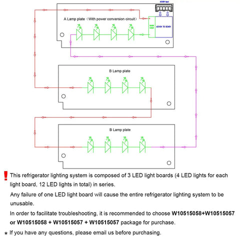Diagram of refrigerator LED light wiring for Two Pack Refrigerator LED Light Kit With W10515058 And W10515057
